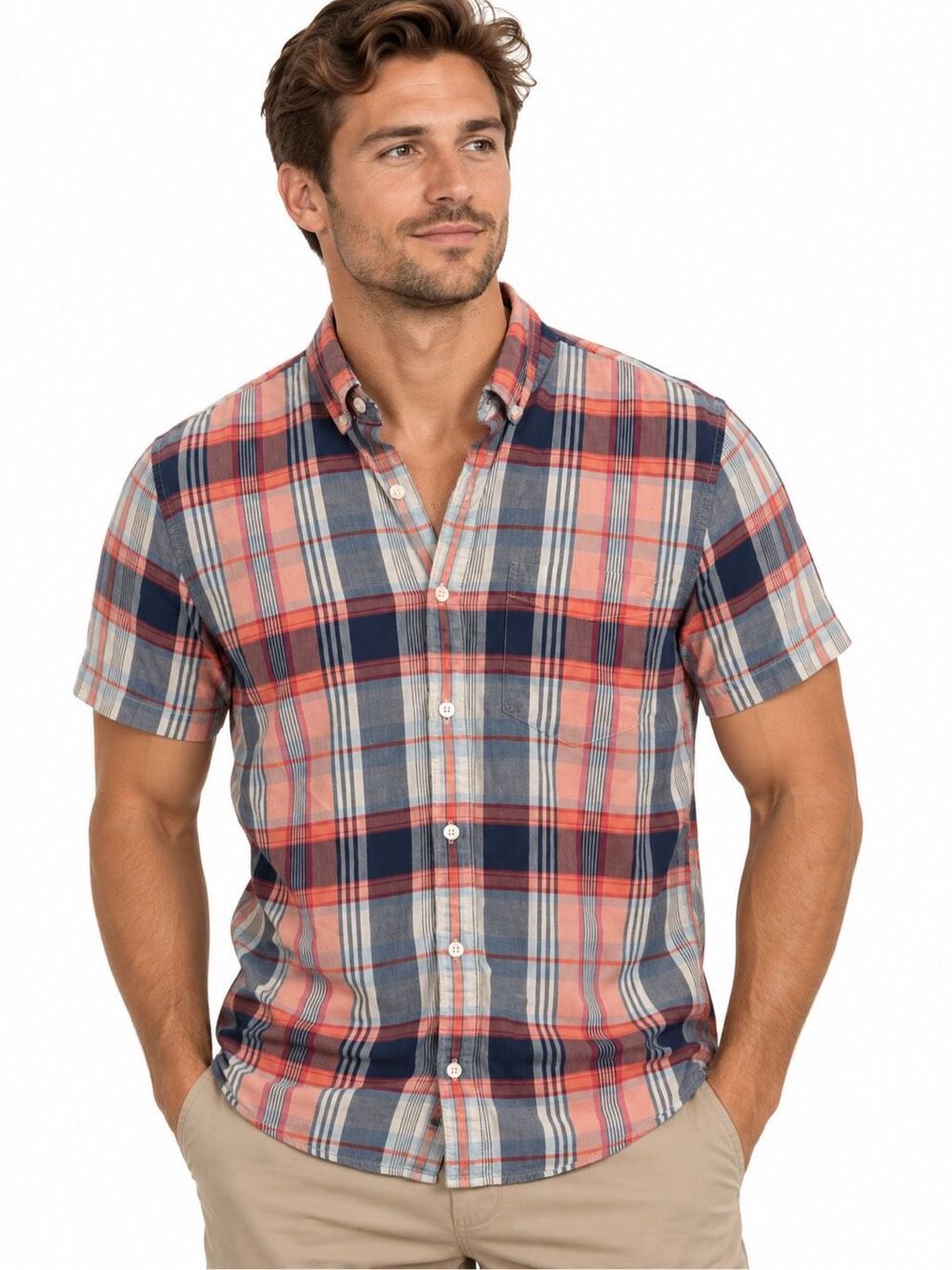 American Eagle Men’s Plaid Short Sleeve Button Down Shirt Coral Navy Blue Small
